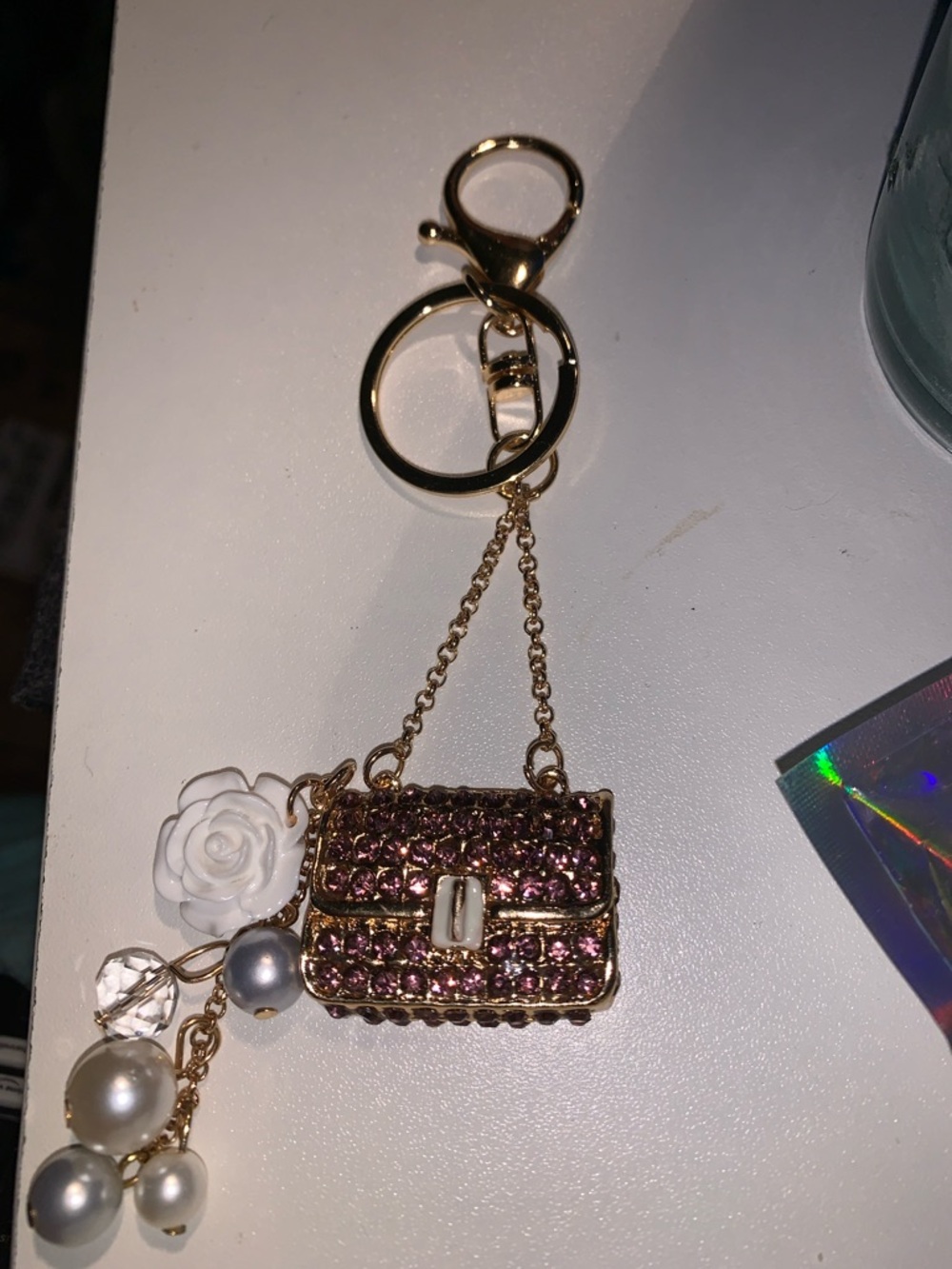 Purple Crystal Purse/bag charm Keychain with Pearls